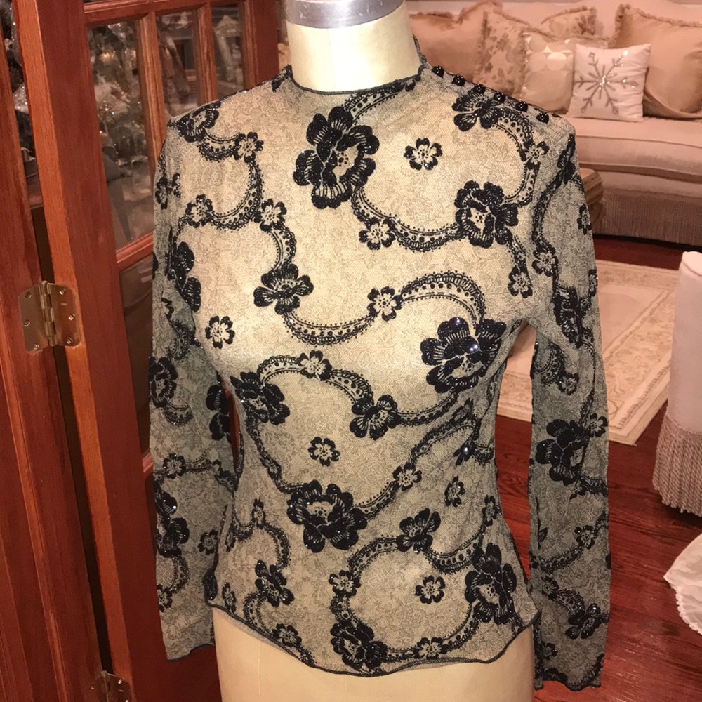 ❤️ Sheer Stretch Top Black Sparkling Lace Design S